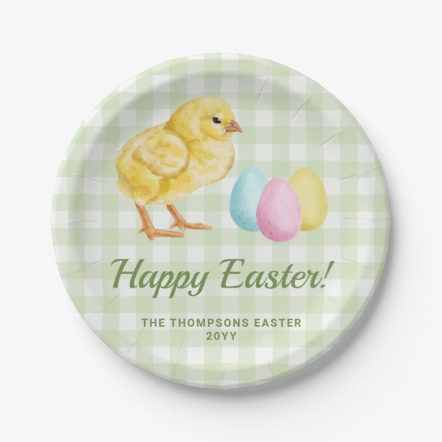 Watercolor Chick And Eggs On Green With Text Pappteller (Vorderseite)
