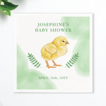 Watercolor Chick And Green Leaves Baby Shower