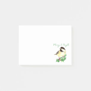 Watercolor Chickadee Bird Merry & Bright Christmas Post-it Klebezettel