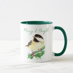 Watercolor Chickadee Bird Merry & Bright Christmas Tasse