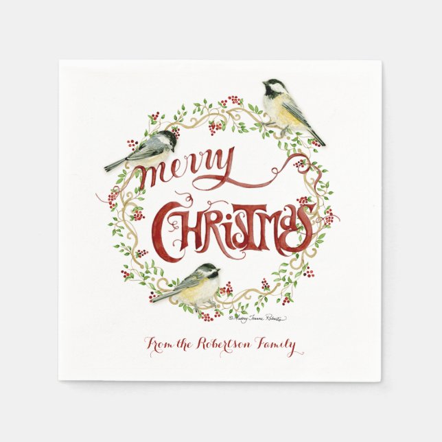 Watercolor Chickadee Birds Frohe Weihnachtsfeier Serviette (Vorderseite)
