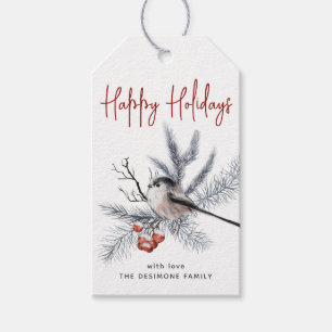 Watercolor Chickadee Happy Holidays Rotes Geschenk Geschenkanhänger
