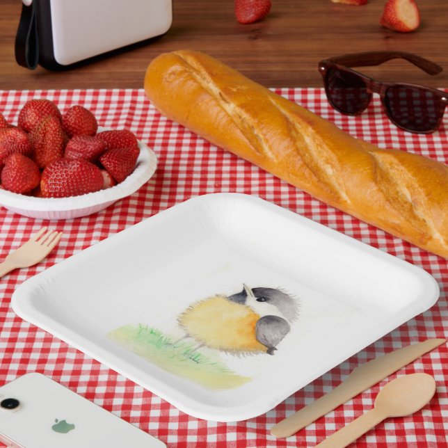 Watercolor Chickadee Pappteller (Picknick)