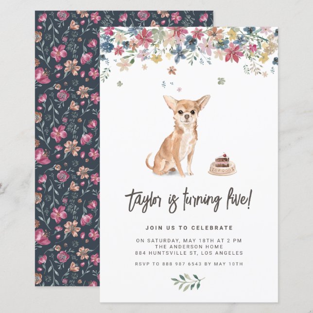 Watercolor Chihuahua Dog Birthday Invitation (Vorne/Hinten)
