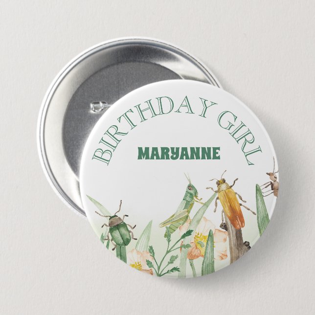 Watercolor Child's Bug Insect Birthday Girl Button (Vorne & Hinten)