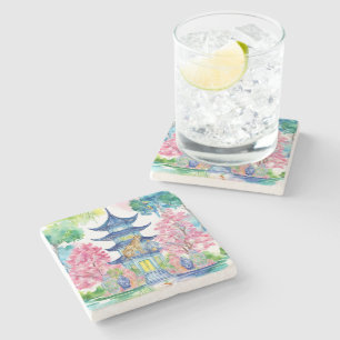 Watercolor Chinoiserie Pagoda Cheetah Ginger Jar Steinuntersetzer