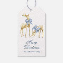Watercolor Christmas Blue Bow Chinoiserie Reindeer Geschenkanhänger