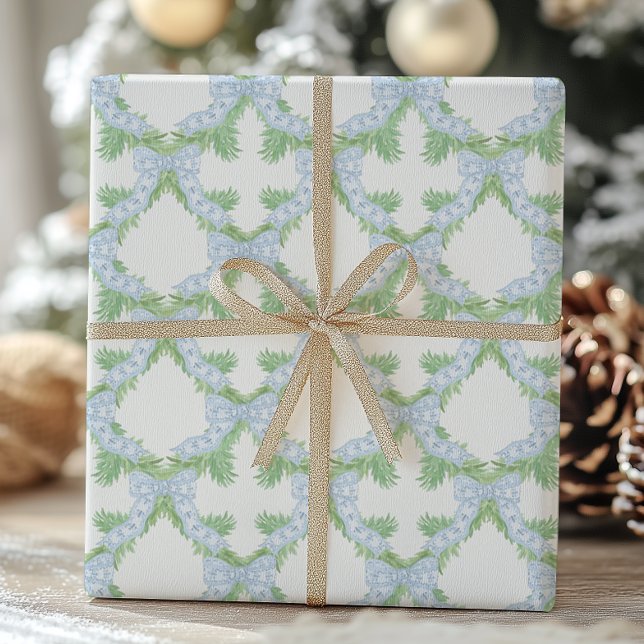 Watercolor Christmas Blue Bow Garland Geschenkpapier (Von Creator hochgeladen)