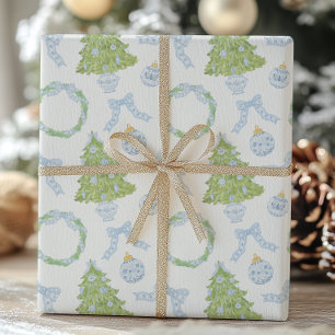 Watercolor Christmas Blue Bow Ginger Jar Trees Geschenkpapier