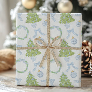Watercolor Christmas Blue Bow Ginger Jar Trees Geschenkpapier Set