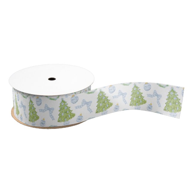 Watercolor Christmas Blue Bow Ginger Jar Trees Ripsband (Spule)