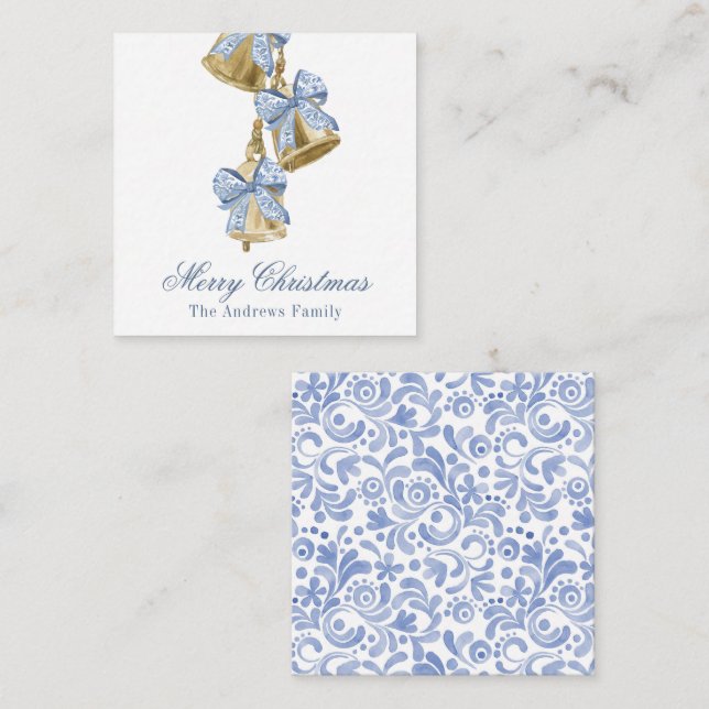 Watercolor Christmas Blue Chinoiserie Bow Bells Mitteilungskarte (Vorne/Hinten)