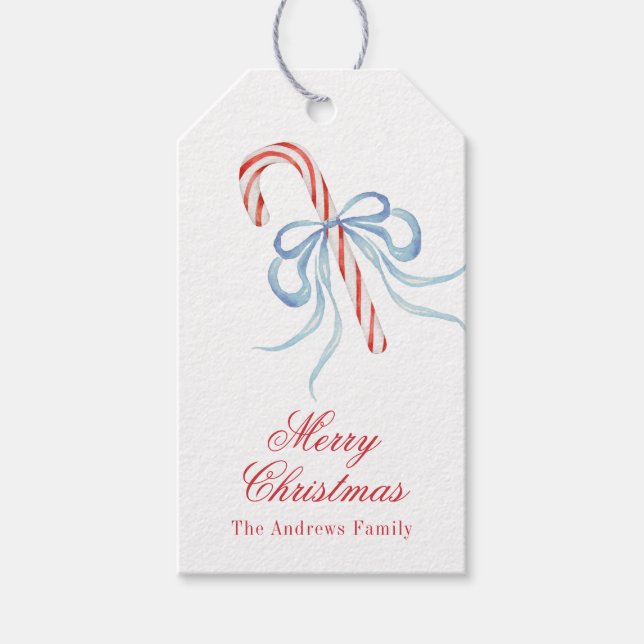 Watercolor Christmas Bow Candy Cane Geschenkanhänger (Vorderseite)