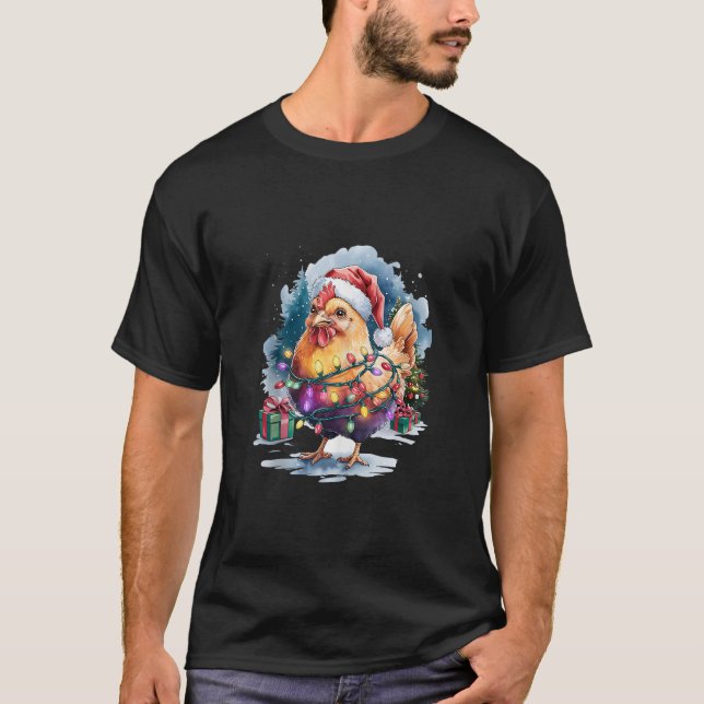 Watercolor Christmas Chicken Santa Hat Lights Farm T-Shirt (Vorderseite)