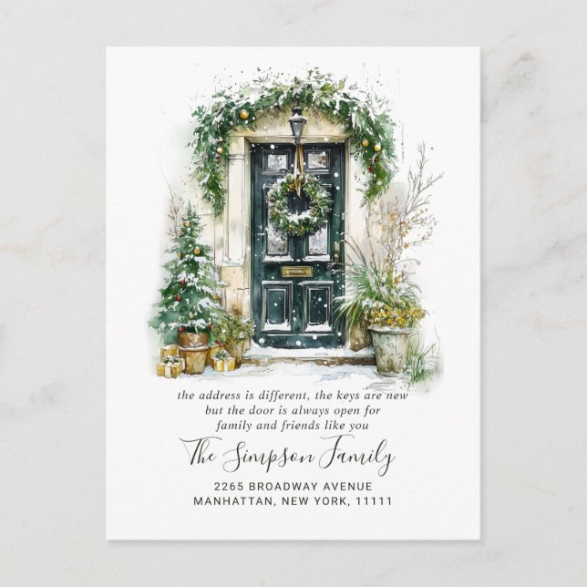 Watercolor Christmas Door  Moving Announcement Postkarte (Vorderseite)