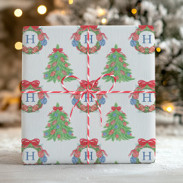 Watercolor Christmas Football Monogram Wreath Tree Geschenkpapier