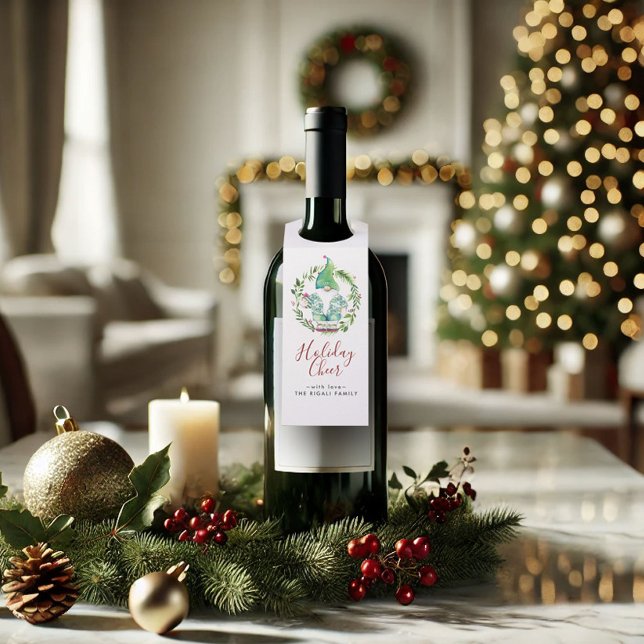 Watercolor Christmas Gnome Flaschenanhänger (Tropical Christmas wine hang tags watercolor art by Victoria Grigaliunas of Do Tell A Belle)