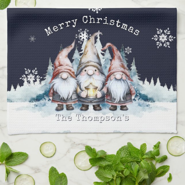 Watercolor Christmas Gnomes Personalized Geschirrtuch (Gefaltet)