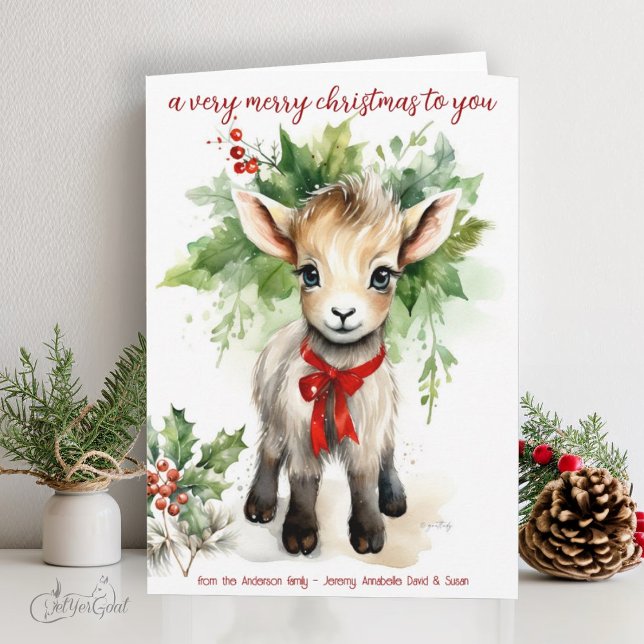 Watercolor Christmas Goat Baby Frohe Weihnachten Karte (goat lover's Christmas Cards - baby goats in watercolor - 1st in a series of 8  #zazzlemade)