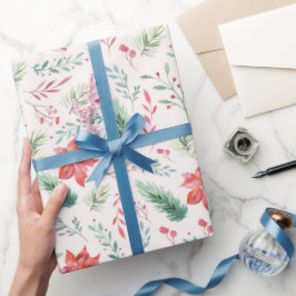 Watercolor Christmas Green Red Florins Off White Geschenkpapier