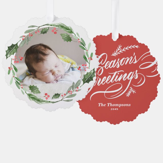 Watercolor Christmas Greenery Wreath Baby Foto Ornament Karte (Vorderseite/Rückseite)