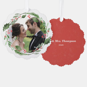 Watercolor Christmas Greenery Wreath Wedding Foto Ornament Karte