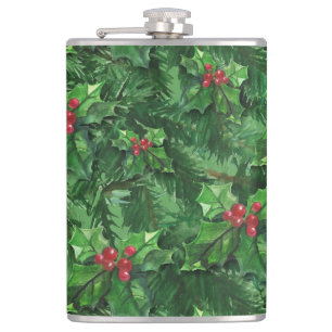 Watercolor Christmas Holly Berries Flachmann