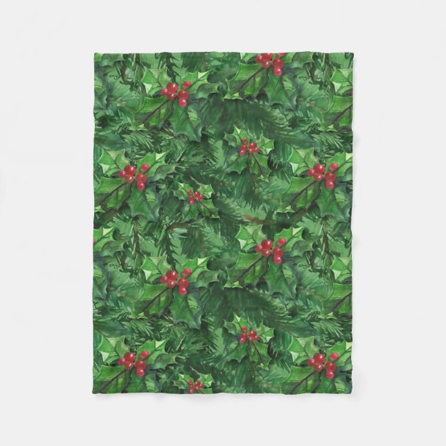 Watercolor Christmas Holly Berries Fleecedecke (Vorderseite)