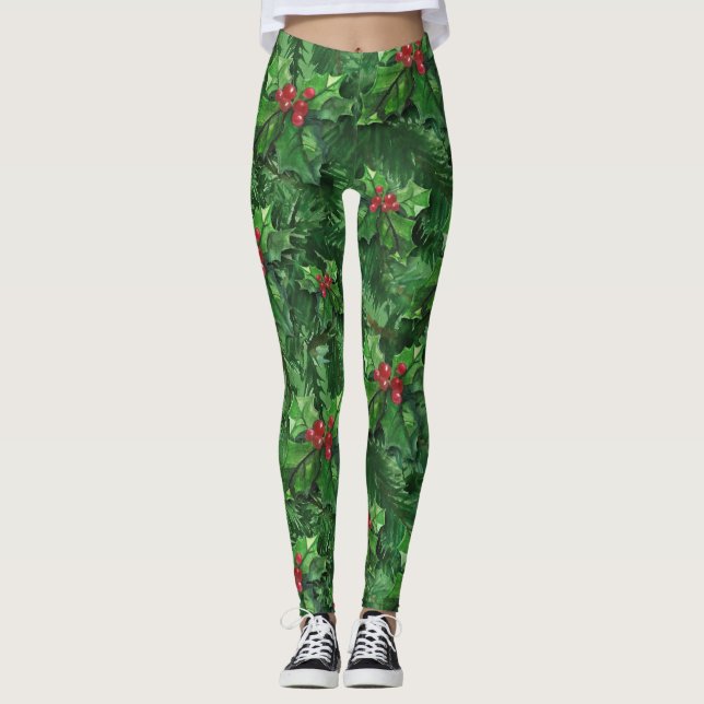Watercolor Christmas Holly Berries Leggings (Vorderseite)