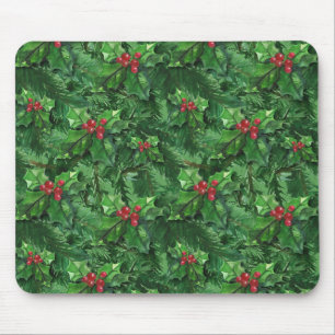 Watercolor Christmas Holly Berries Mousepad