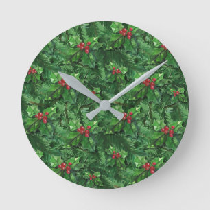 Watercolor Christmas Holly Berries Runde Wanduhr