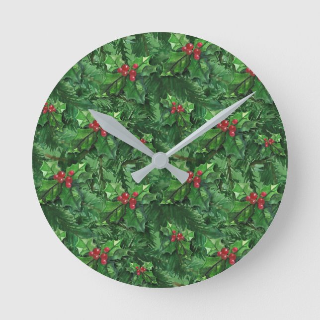 Watercolor Christmas Holly Berries Runde Wanduhr (Vorderseite)
