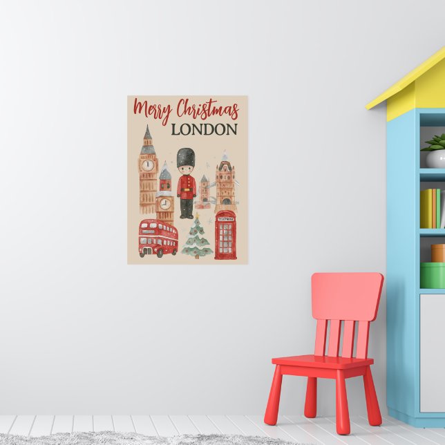Watercolor Christmas in London Red Bus, Big Ben Poster (Kinderzimmer 1)