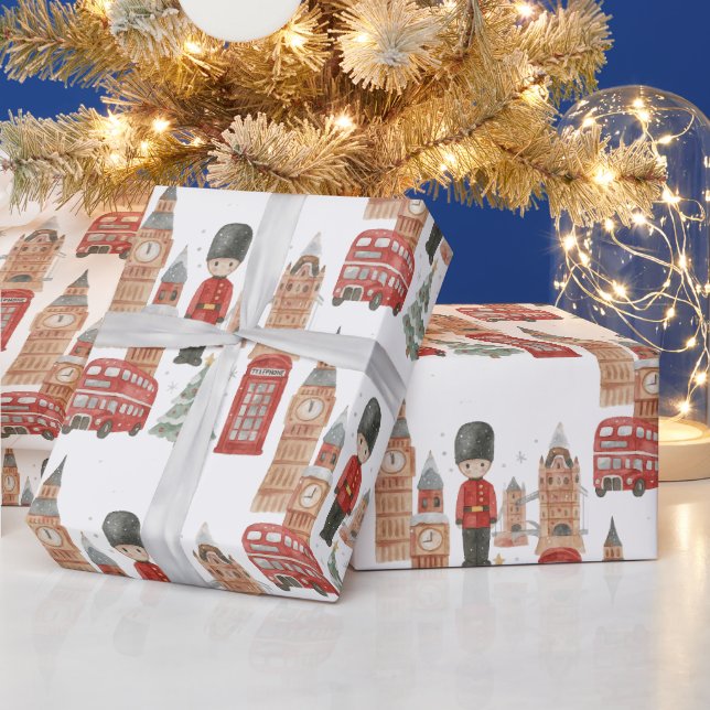 Watercolor Christmas in London Wrapping Paper  Geschenkpapier (Feiertage)
