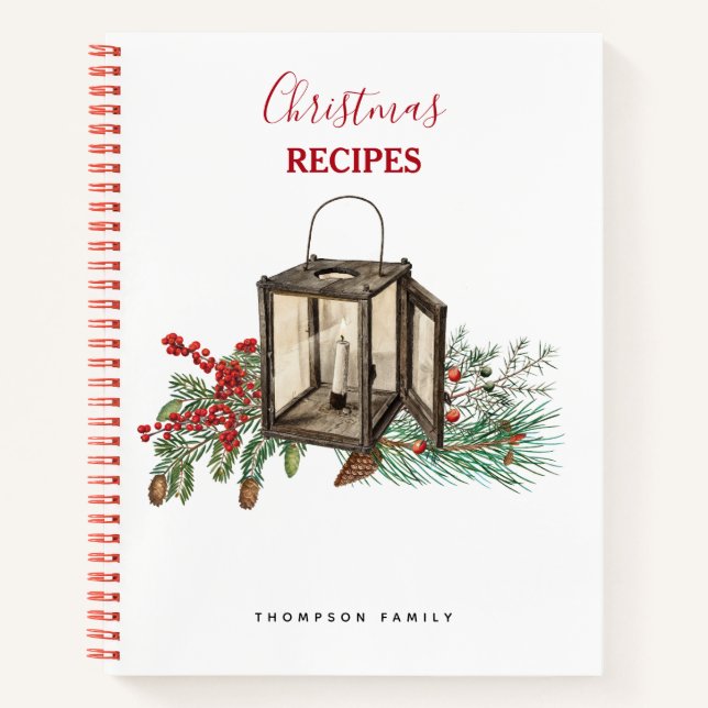 Watercolor Christmas Lantern Pine Berries Recipe Notizbuch (Vorderseite)