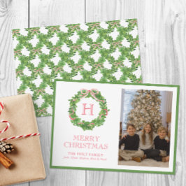 Watercolor Christmas Monogram Bow Wreath Foto Feiertagskarte