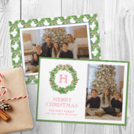Watercolor Christmas Monogram Bow Wreath Foto Feiertagskarte
