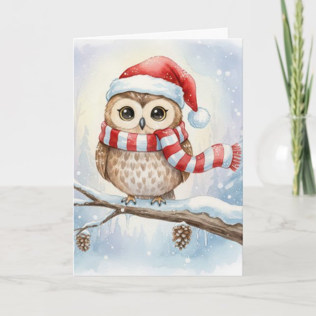 Watercolor Christmas Owl In a Santa Hat Karte (Vorderseite)