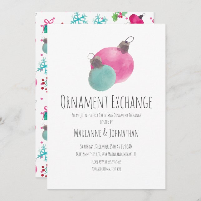 Watercolor Christmas Party Ornaments Exchange Einladung (Vorne/Hinten)