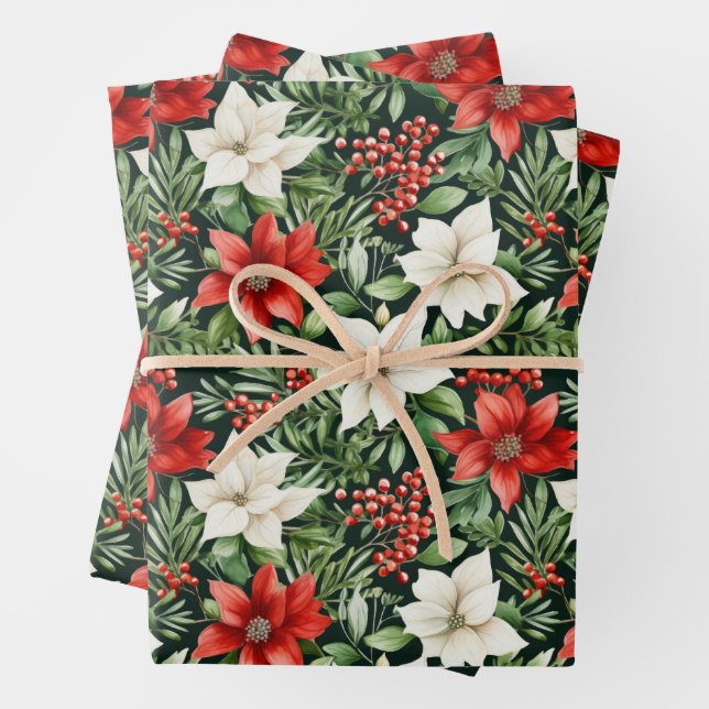 Watercolor Christmas Poinsettias and Berries Geschenkpapier Set (Beispiel)
