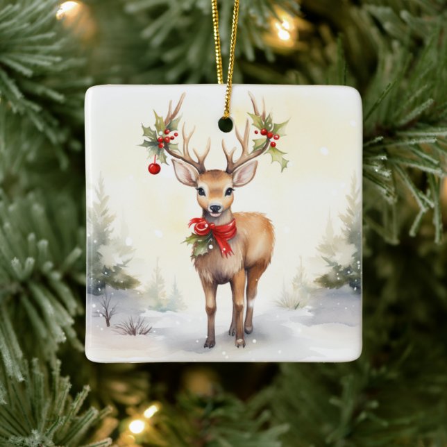 Watercolor Christmas Reindeer Keramikornament (Baum)