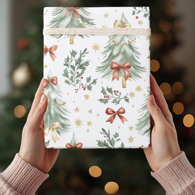 Watercolor Christmas Tree & Bow Wrapping Paper Geschenkpapier (Von Creator hochgeladen)