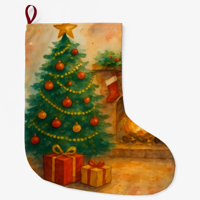 Watercolor Christmas Tree & Cozy Fireplace Holiday Großer Weihnachtsstrumpf (Vorderseite)
