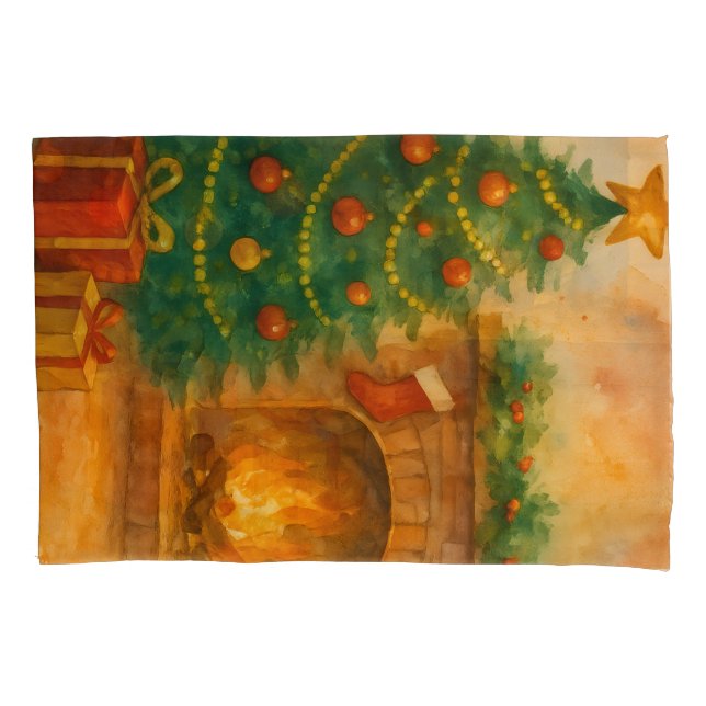 Watercolor Christmas Tree & Cozy Fireplace Holiday Kissenbezug (Vorderseite)