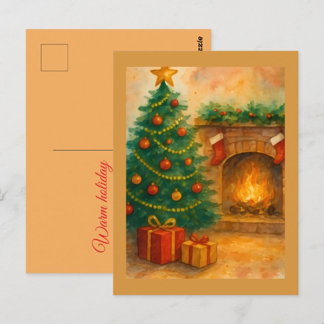 Watercolor Christmas Tree & Cozy Fireplace Holiday Postkarte (Vorne/Hinten)