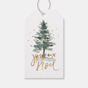 Watercolor Christmas Tree Gold Joyeux Weihnachten Geschenkanhänger