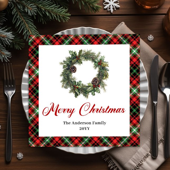 Watercolor Christmas Wreath Red Green Plaid Set Serviette (Watercolor Christmas Wreath Red Green Plaid Set Paper Dinner Napkins)