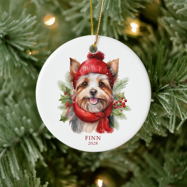 Watercolor Christmas Yorkie Dog Foto Keramik Ornament (Baum)