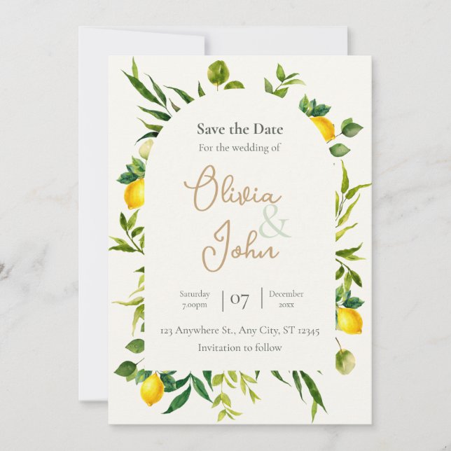 Watercolor Citrus Lemon Arch Save the Date Card Einladung (Vorderseite)