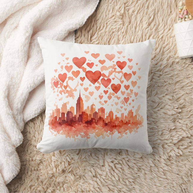 Watercolor City Skyline Hearts Throw Pillow Kissen (Decke)